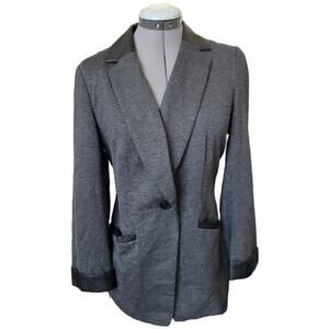 Susan Graver Heathered Gray Blazer Jacket Faux Leather Trim Black Size 6
